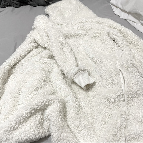 Solid White Drop Shoulder Hooded Fuzzy Faux Fur Open Front Medium Long Coat - Picture 5 of 6